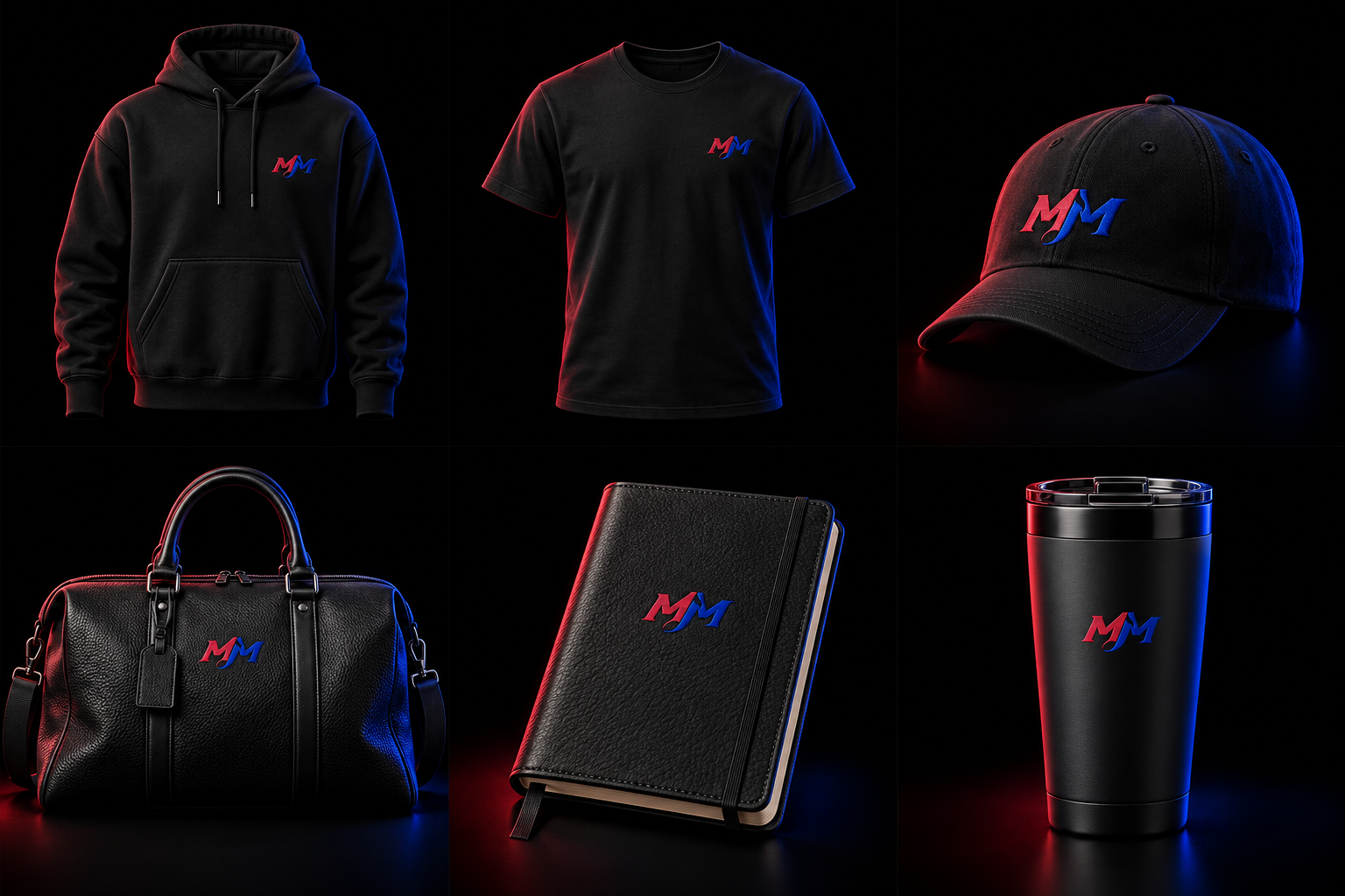 MM collection campaign concept: hoodie, cap, weekender, journal and tumbler