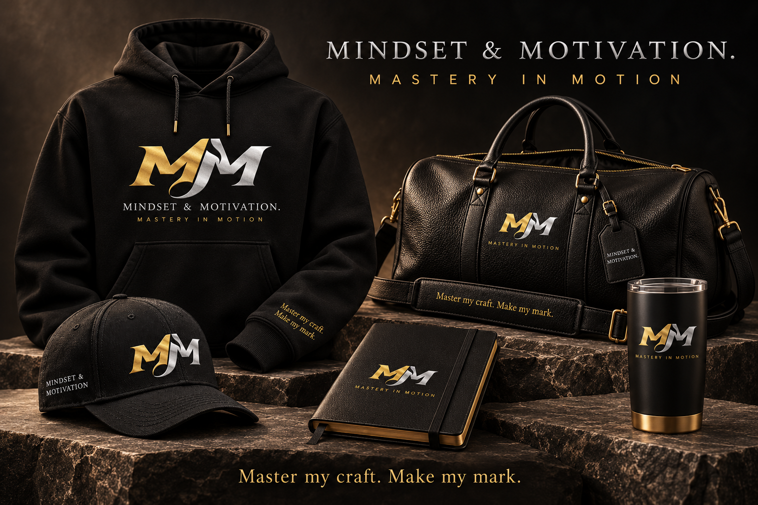 MM collection campaign concept: hoodie, cap, weekender, journal and tumbler