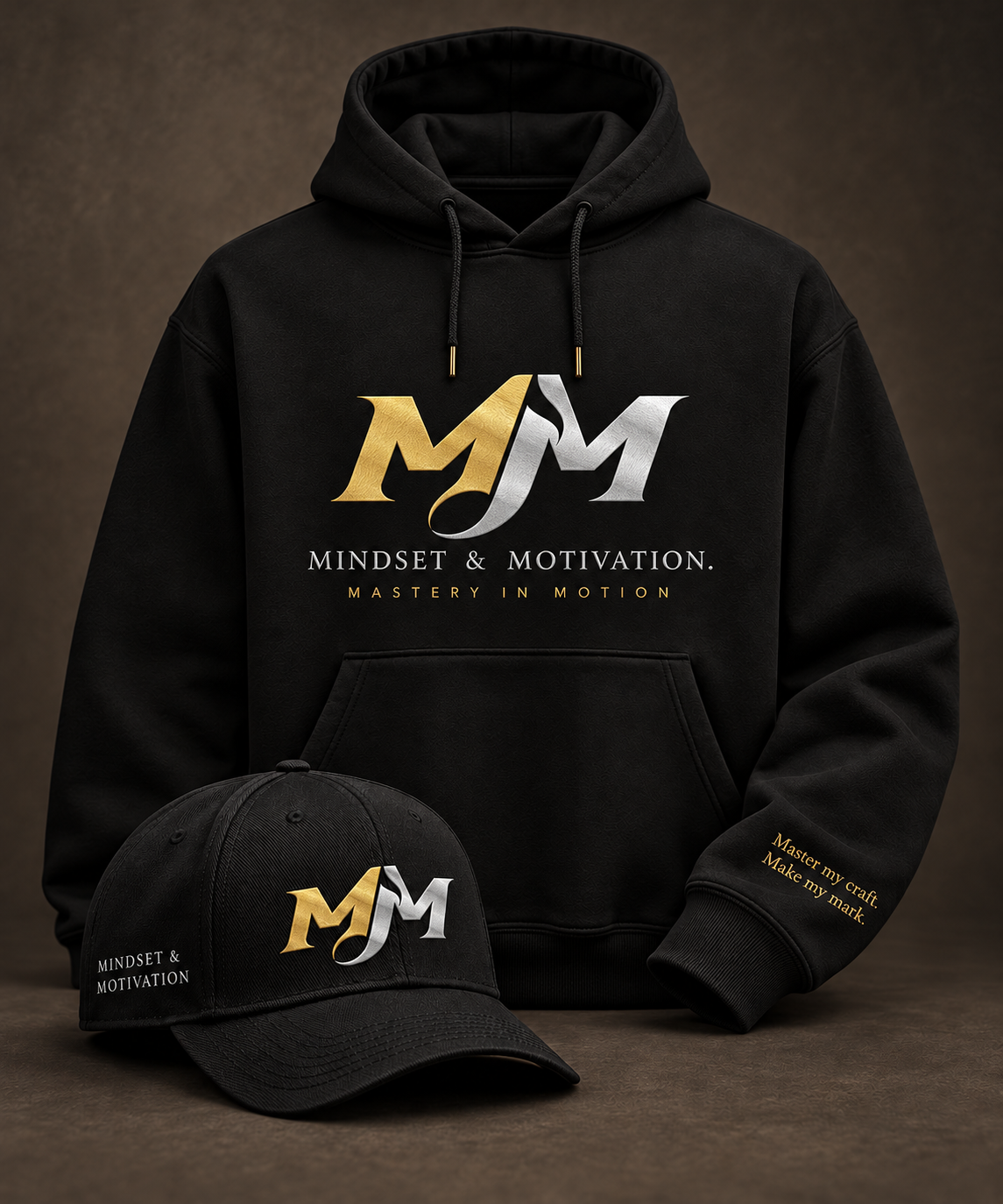 MM black hoodie and cap concept with the original gold-and-silver logo